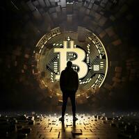 silhouette of a man on the background of bitcoin, cryptocurrency. AI generated photo