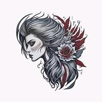 Vector sketch trendy fantasy tattoo design for apparel and t shirts. sticker, mascot, tattoo, rose, snake, fantasy, devil, artwork, textile, wildlife, hand drawn, illustration, angry, print, skeleton. photo