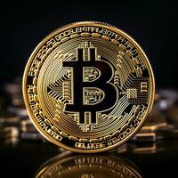 golden coin bitcoin on black background. cryptocurrency. AI generated photo