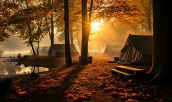 amanecer a un cámping sitio durante otoño. ai generado foto