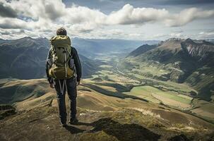a hiker standing at the peak of a mountain with a backpack. AI Generated photo