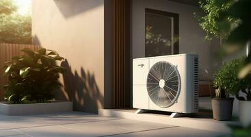 Air source heat pump installed in a residential building. AI Generated photo