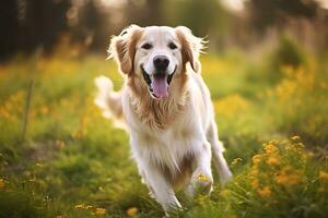 de cerca Disparo de un contento dorado perdiguero perro en un prado foto