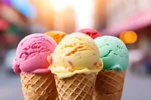 colse up colorful ice cream on blurred background photo