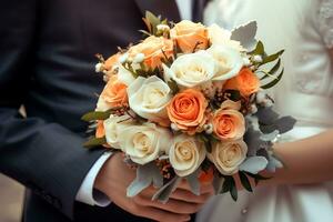 Closeup shot of a wedding couple holding a flower bouquet photo