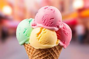 colse up colorful ice cream on blurred background photo