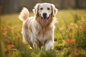 Closeup shot of a happy golden retriever dog in a meadow photo