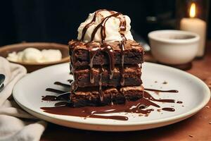 delicious brownie with ice cream on a white plate photo