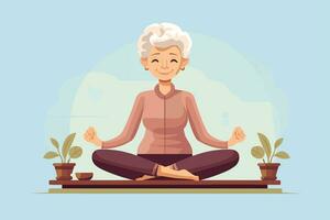 cute elderly woman doing yoga, meditating. flat illustration on the theme of health, activity of the elderly. AI generated photo