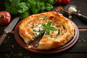Delicious pie with soft feta cheese and spinach photo