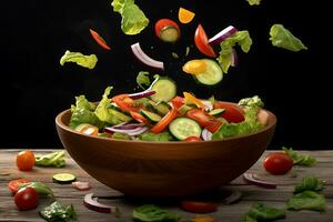 fresh vegetable salad with vegetables falling through the air into a wooden bowl photo