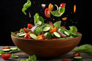 fresh vegetable salad with vegetables falling through the air into a wooden bowl photo