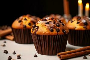 delicious muffins with chocolate chips and cinnamon photo