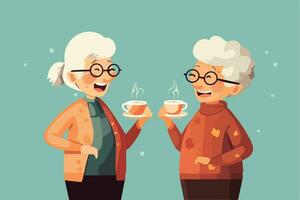 two cute elderly women, girlfriends drink coffee and laugh. flat illustration. AI generated photo