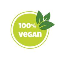 100 percent vegan sticker, label, badge and logo. Ecology icon. Logo template with green leaves for vegan product. Vector illustration isolated on white background