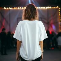 AI generated Girl model wearing white oversize t - shirt. music concert view. Back view. modern style photo