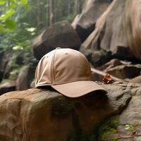 Photo of blank light brown baseball hat, ultra realistic, 8K, suitable to create hat mockup or cap mockup