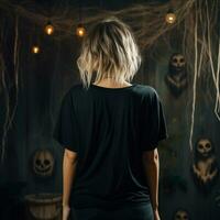 AI generated Girl model wearing black oversize t - shirt. halloween theme. Back view. modern style photo