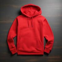 Blank red hoodie lying on the table, photographed from above photo