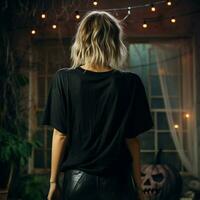 AI generated Girl model wearing black oversize t - shirt. halloween theme. Back view. modern style photo