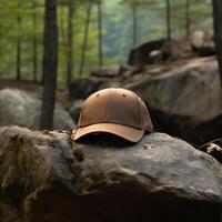 Photo of blank light brown baseball hat, ultra realistic, 8K, suitable to create hat mockup or cap mockup