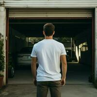 ai generativo un hombre vistiendo un llanura blanco t - camisa en el garaje frente a hacia atrás, Perfecto a crear camiseta Bosquejo foto