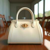 AI generative White woman bag on the wooden table, perfect to create mockup preview photo