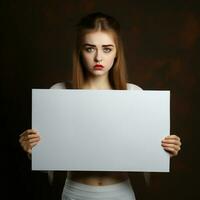 AI generated Sad girl holding a blank white board photo