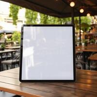 AI Generative High quality photo of big tablet with blank screen on the table, perfect to create mockup preview