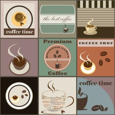 Set of illustration backgrounds with coffee beans, mugs and cups in vintage colors for industrial use