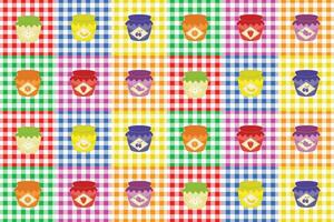 Vector pattern background with jam of different fruits on checkered tablecloth, for industrial use