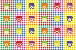 Vector pattern background with jam of different fruits on checkered tablecloth, for industrial use