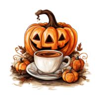 Halloween Tasse Kürbisse Lächeln und gruselig Augen zum Party Nacht, ai generiert png