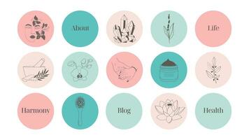 A set of highlights bright simple pink and blue icons for a blog about cosmetics, medicine and mental health. vector