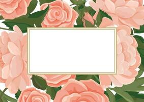 Vector illustration of a bright frame with a background of pink roses and peonies. Wedding decor, invitations and cards