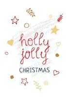 New Year and Merry Christmas cards with handwritten text holly jolly. Cute postcards in Scandinavian style with plants and stars in gold and red. Invitation cards for kids and adults vector