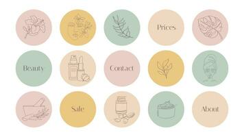 Highlights for blog and social networks about beauty and cosmetics. Icons for Women's online store with creams and beauty products. boho vector