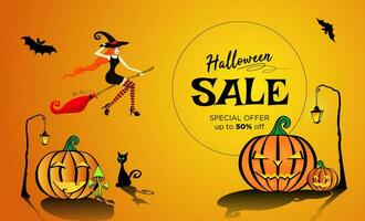 Halloween sale with a beautiful red-haired witch flying on a broom to the side of the sale. Funny pumpkins under the lantern, bats fly and a black cat sits. Vector illustration EPS10