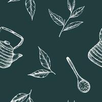 Vector illustration of a seamless pattern of tea leaves and teapot on a dark green background. White leaves on dark for packaging or wrapping paper, fabric