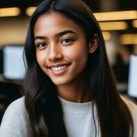 retrato cerca arriba de contento joven Adolescente a el trabajando oficina espacio, generativo ai foto