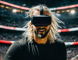 photo of handsome man with VR glasses headset at stadium sport arena, generative AI