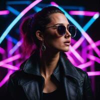 photo of beautiful woman with with mixed pink and blue neon light, generative AI