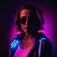photo of beautiful woman with with mixed pink and blue neon light, generative AI