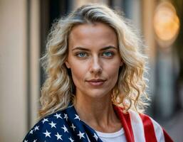 photo of beautiful woman with U.S.A flag background, generative AI