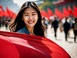 foto de joven asiático mujer con rojo bandera ondulación en el viento, generativo ai