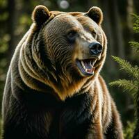 foto de grande enojado oso pardo oso corriendo en el selva, generativo ai