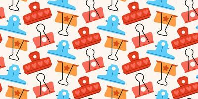 Seamless pattern with cute paper clips, clamps and binders on light background. vector