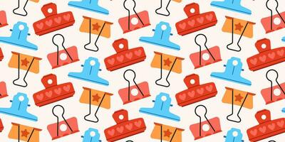 Seamless pattern with cute paper clips, clamps and binders on light background. vector