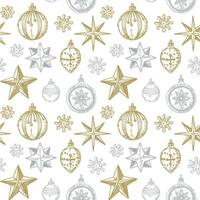 Merry Christmas and Happy New Year seamless pattern with golden hand drawn stars and toys. Festive background. Vector illustration in sketch style