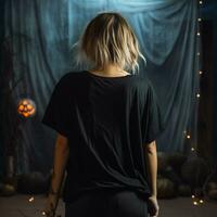 AI generated Girl model wearing black oversize t - shirt. halloween theme. Back view. modern style photo